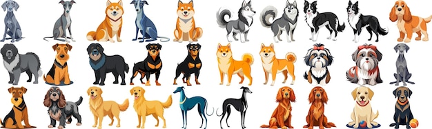 Selection of Cartoon Dog Breeds Showcasing Various Styles and Characteristics in a Fun Illustration