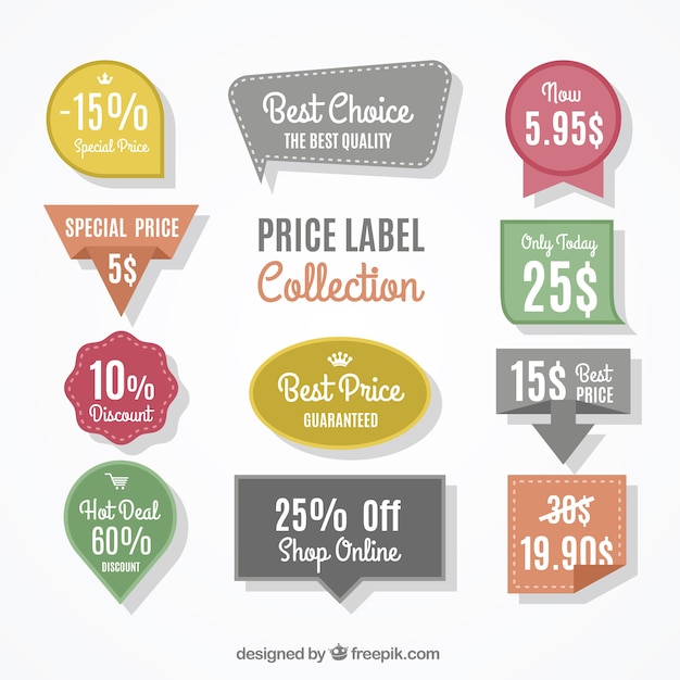 Selection of decorative labels with different prices and discounts