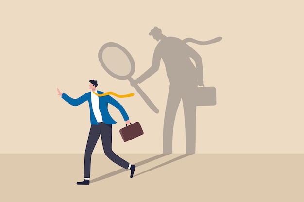 Self assessment or self analysis process to know yourself and discover plan or goal for living or work and career concept businessman walking with shadow using magnifying glass to analyze himself