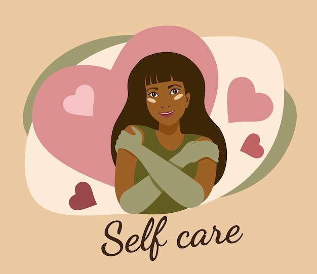 Self care cartoon tanned young girl gloves hugging herself with hearts Self care text Love yourself