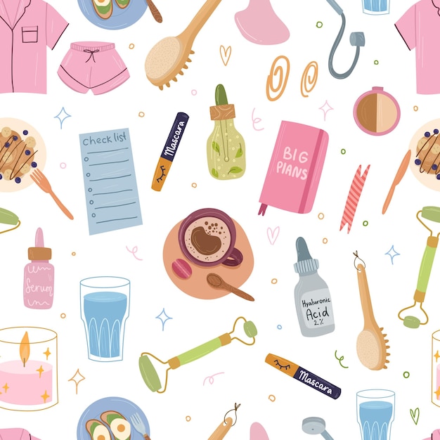 Self care morning routine products seamless pattern