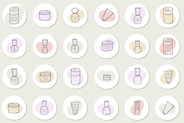 Self care story highlight icons set of cosmetic jars Hand drawn vector elements for decor and design