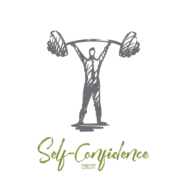 Self-confidence, success, boss, strength, career concept. Hand drawn strength man with heavy barbell concept sketch. 