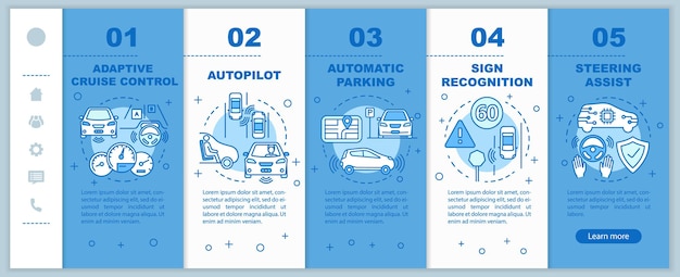 Self-driving car features onboarding mobile web pages vector template