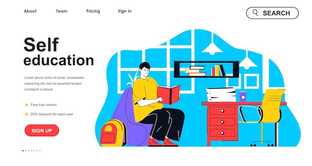 Self education concept for landing page template Man reads book studying at home Student improves knowledges and skills people scene Vector illustration with flat character design for web banner