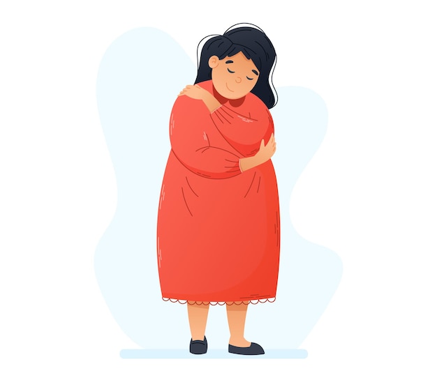 Self Love and Body Positive Concept Young fat flat woman hugging herself Vector isolated cartoon illustration