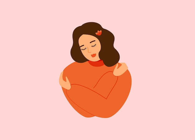 Vector self love concept beautiful happy woman hugs herself