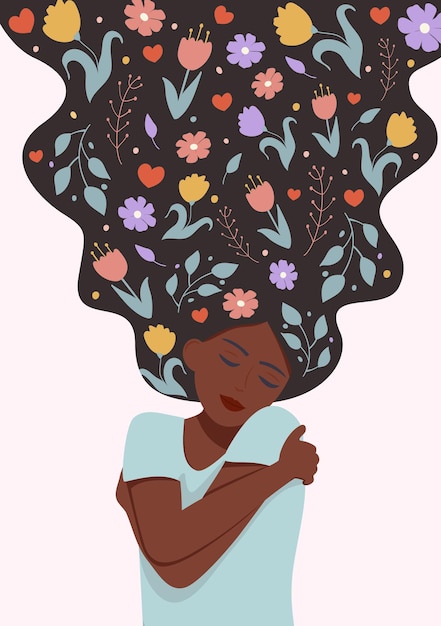 Self love concept vector illustration Young pretty African woman hugging herself