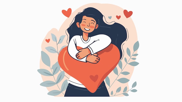 Vector self love and self care concept positive image of smiling female hugging herself