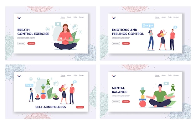 Self-mindfulness, Control Landing Page Template Set. Characters Keep Mental Balance Avoid Aggression and Stressful Reaction. People Sit in Lotus Pose Meditate, Feel Calm. Cartoon Vector Illustration