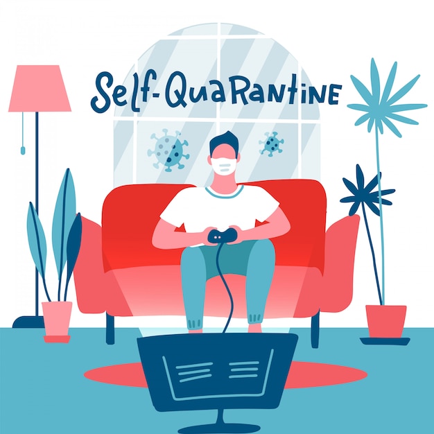 Self-quarantine concept. Man in medical mask playing video game console at home. Guy sits on sofa, holds game controller and watches TV. Room interior. flat illustration