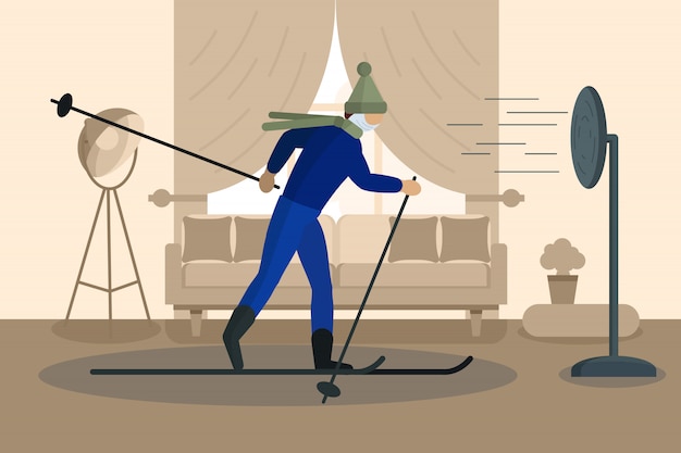 Self-quarantine concept. masked man on ski at home during outbreak of COVID-19 virus. . Flat illustration.