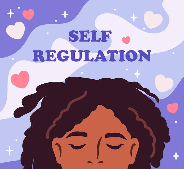 Self regulation poster woman with hearts near head mental health and psychology awareness and