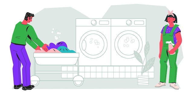 Self service laundry banner or poster layout flat vector illustration isolated