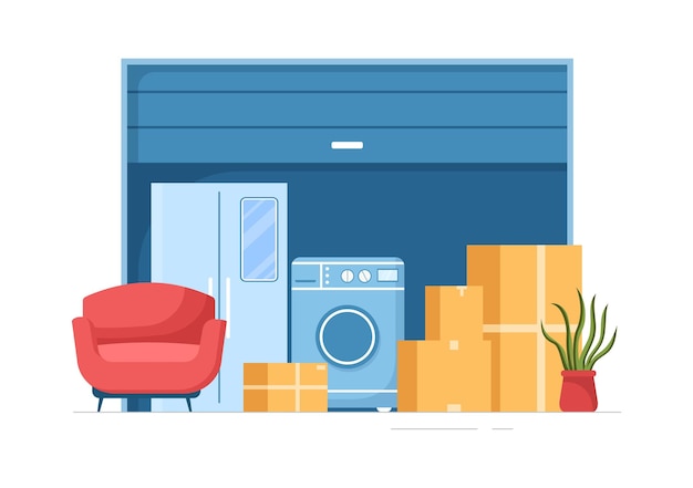 Vector self storage of cardboard boxes filled with unused items in warehouse or garage in illustration