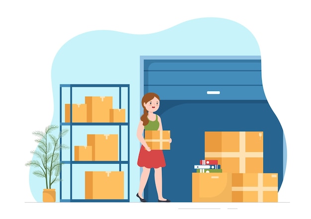 Vector self storage of cardboard boxes filled with unused items in warehouse or garage in illustration