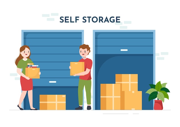 Vector self storage of cardboard boxes filled with unused items in warehouse or garage in illustration