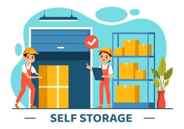 Self Storage Vector Illustration featuring Cardboard Boxes Filled with Unused Items in a Mini Warehouse or Rental Garage in a Flat Cartoon Background