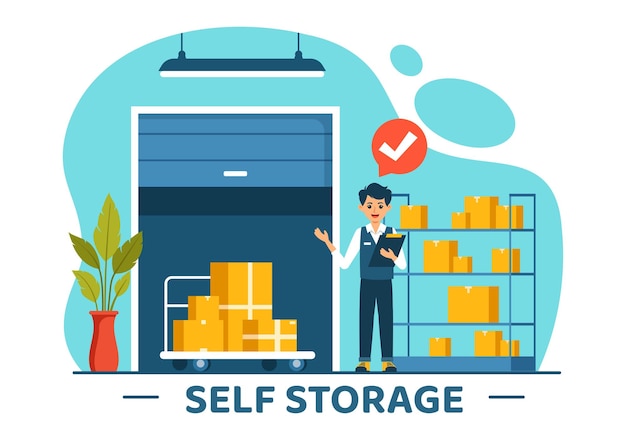 Vector self storage vector illustration featuring cardboard boxes filled with unused items in a mini warehouse or rental garage in a flat cartoon background