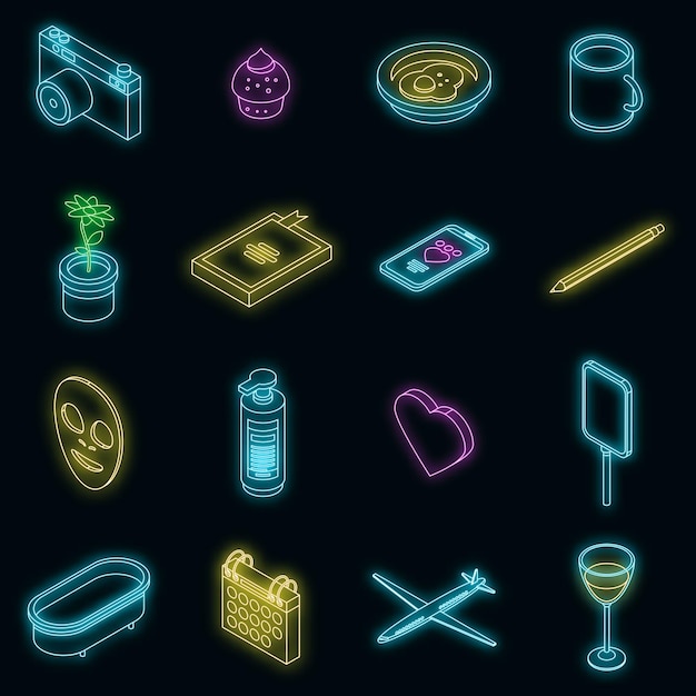 Selfcare icons set vector neon