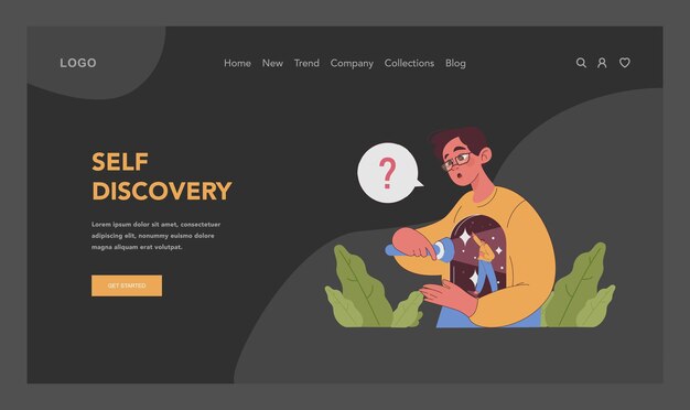 Selfdiscovery journey dark or night mode web landing curious young man holding a flashlight