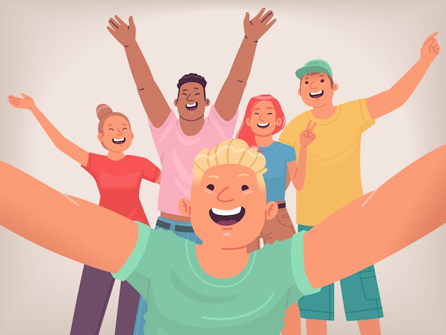 Selfie of happy friends. A group of young people makes a joint photo for social networks. Teenagers are having fun. Cheerful youth. Vector illustration in flat style