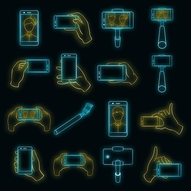 Selfie icons set vector neon