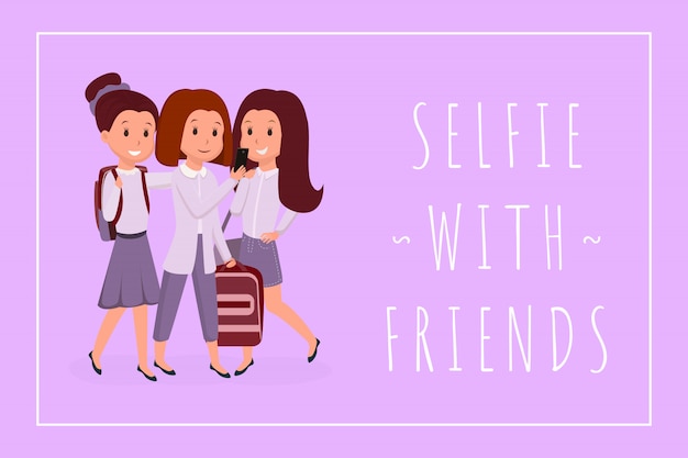 Selfie with friends banner flat template. Cheerful classmates, girlfriends color illustration