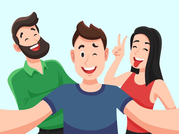 Selfie with friends. Friendly smiling teenagers making group photo portrait. Photographed happy people cartoon 