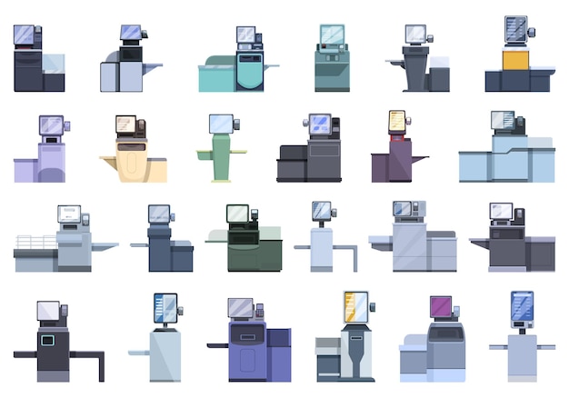 Selfservice at the checkout icons set cartoon vector Cash scan