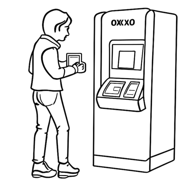 selfservice machine in oxxo and a queue of people waiting vector illustration line art