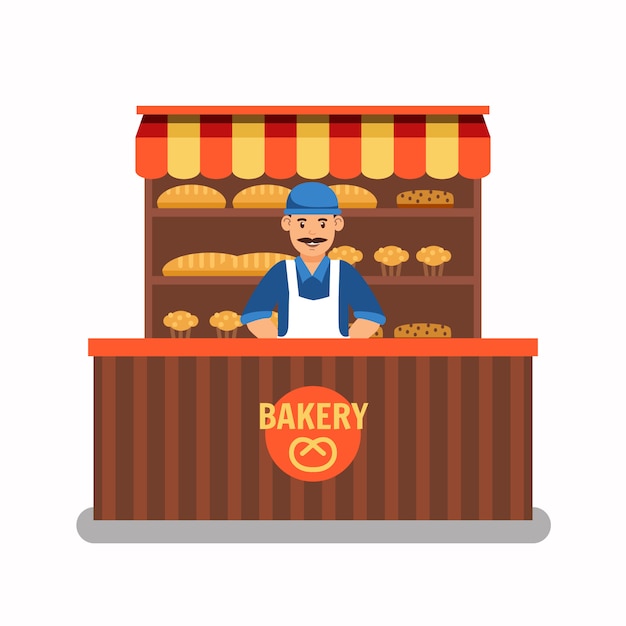 Seller at Bakery Stand Color Vector Illustration