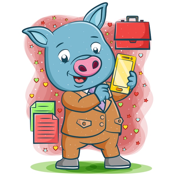 Vector the seller blue pig holding the smartphone for the business