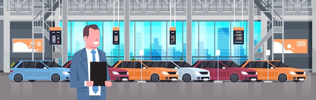 Seller Man In Cars Dealership Center Showroom Interior Over Set Of New Modern Vehicles Horizontal illustration