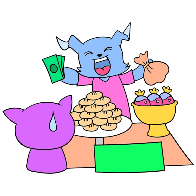 A seller in the market sells cakes to break the fast, vector illustration art. doodle icon image kawaii.