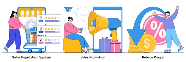 Vector seller reputation system, sales promotion, rebate program concept with tiny people. e commerce abstract vector illustration set. online store discounts, internet shopping metaphor.