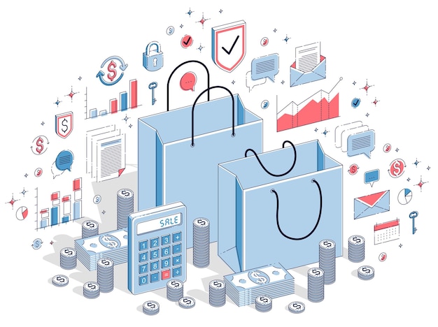 Sellout concept, Retail, Big Sale, Shopping Bag with cash money stacks and coin piles isolated on white. Isometric 3d vector finance illustration with icons, stats charts and design elements.