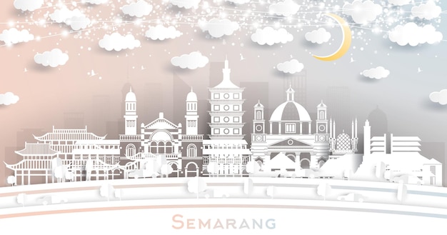 Semarang Indonesia City Skyline in Paper Cut Style with White Buildings Moon and Neon Garland