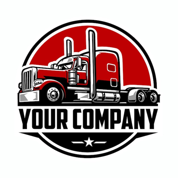 Semi truck 18 wheeler emblem badge logo. Ready made template vector isolated