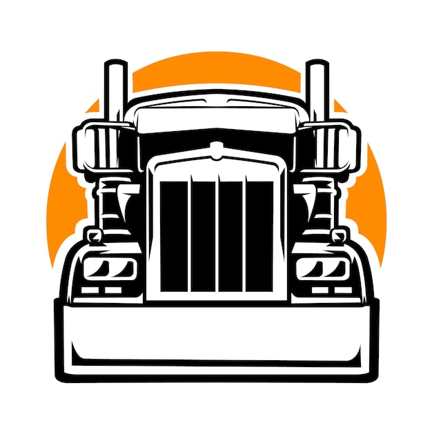 Semi truck 18 wheeler front view silhouette black and white vector isolated