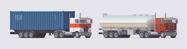 Semi trucks set. Truck carrying container trailer & truck carrying gasoline tank. Isolated american tractors with trailers on light background. 