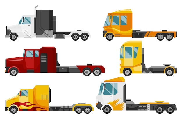 Semi trucks Trucks delivery trailers cargo trukcs clolorful set on white background Delivery and shipping machines for transportation