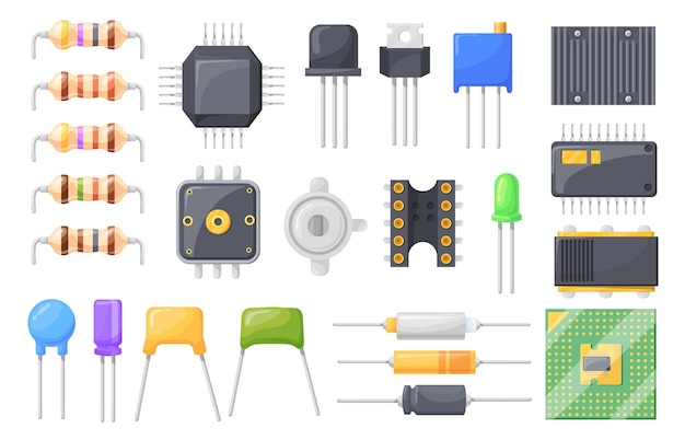 Semiconductor resistor Electric component pcb industrial microcontroller parts electrical oscillation fuse resistance capacitor micro chip processor neat vector illustration