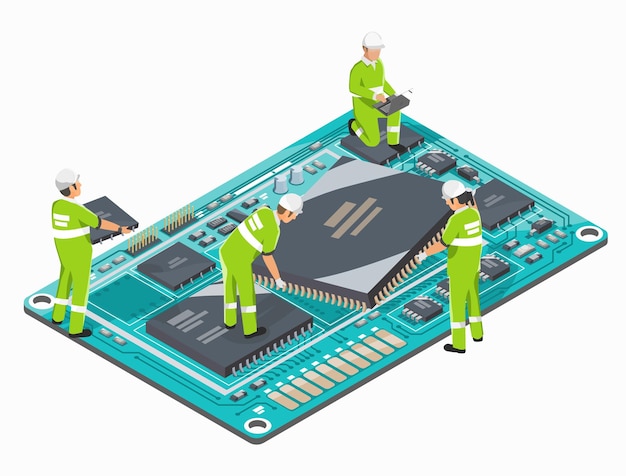 Semiconductors Production support Circuit Design symbols Concept isometric semiconductor