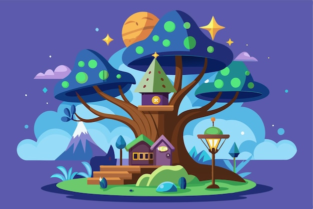 Vector a semiflat magical tree with vibrant colors a cozy treehouse and enchanting elements in a whimsical landscape magic tree customizable semi flat illustration