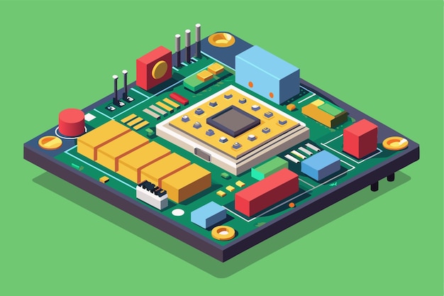 Vector a semiflat printed circuit board showcasing various electronic components and a customizable layout printed circuit board customizable semi flat illustration