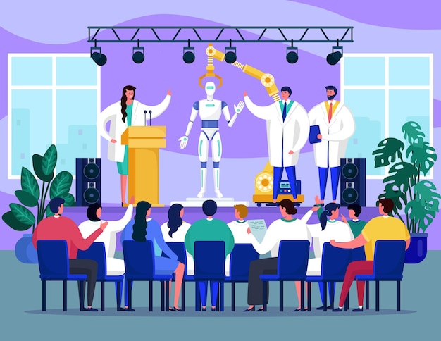 Seminar with robot technology, vector illustration, flat man woman people character at robotic presentation, meeting conference with scientist