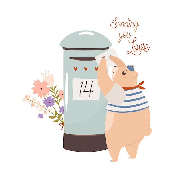 Sending you love Cute bear sending love letter by mail Valentine's day card concept Vector Illustration