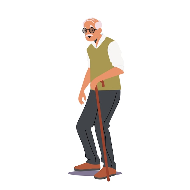 Senility Old Ages Concept Senior Man Aged Grandfather Moving with Help of Walking Cane Elderly White Haired Male