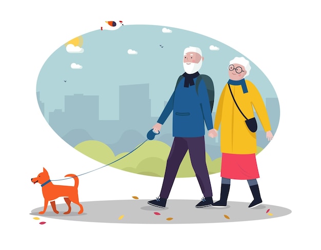 Senior active lifestyle outdoor concept Senior couple walking with dog Cityscape on the backgroun